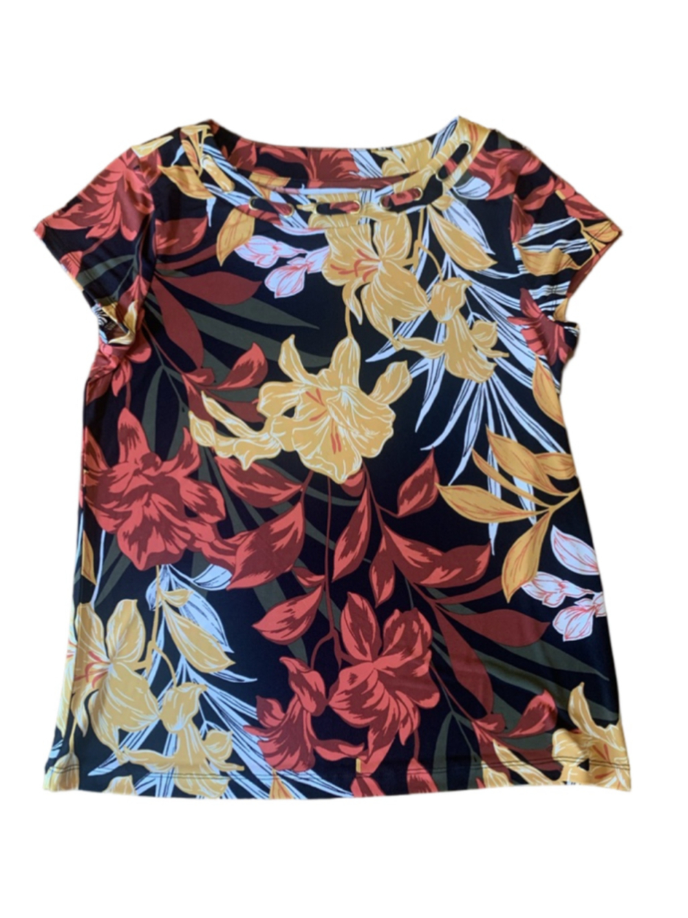 Liz Claiborne Top Small Black with Red, Yellow, White Floral